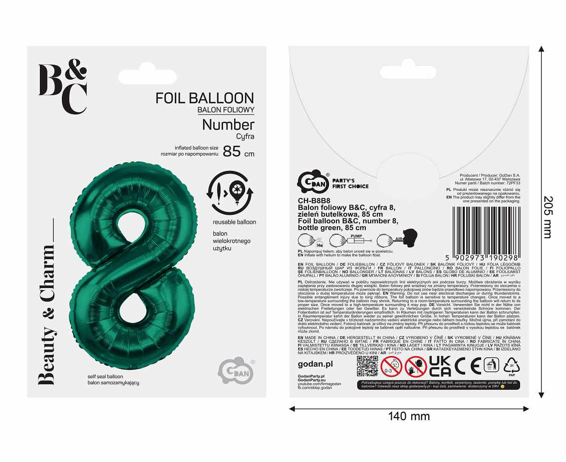 Foil balloon B&C, number 8, bottle green, 85 cm